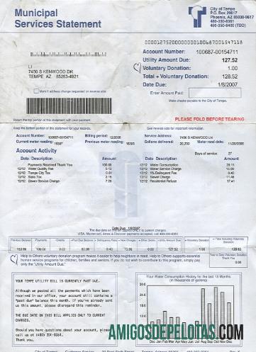 Conta de serviços públicos de água do Arizona, EUA, 2 páginas 1 amostra